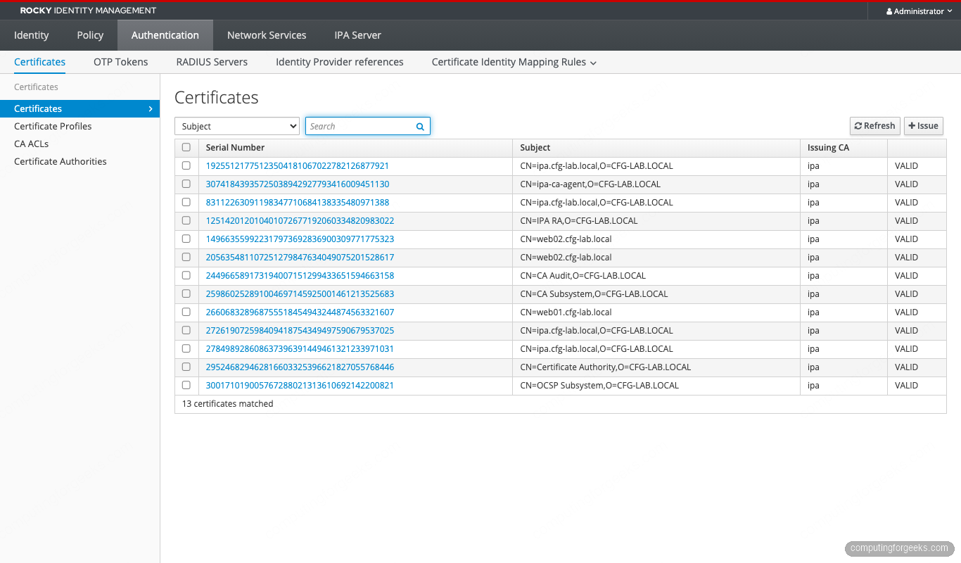 FreeIPA WebUI Certificates list showing ACME-issued web01 and web02 certs