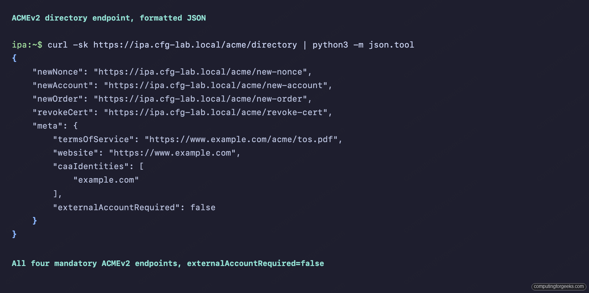 ACMEv2 directory JSON listing newNonce newAccount newOrder revokeCert