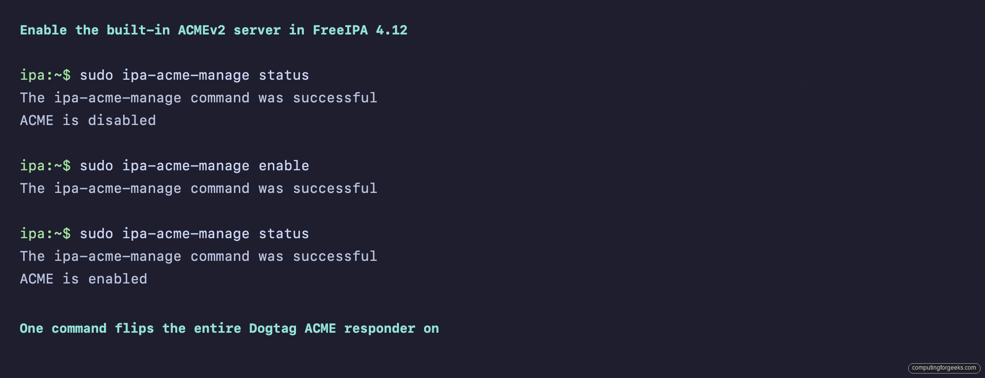 ipa-acme-manage enable transcript showing ACME flipped from disabled to enabled
