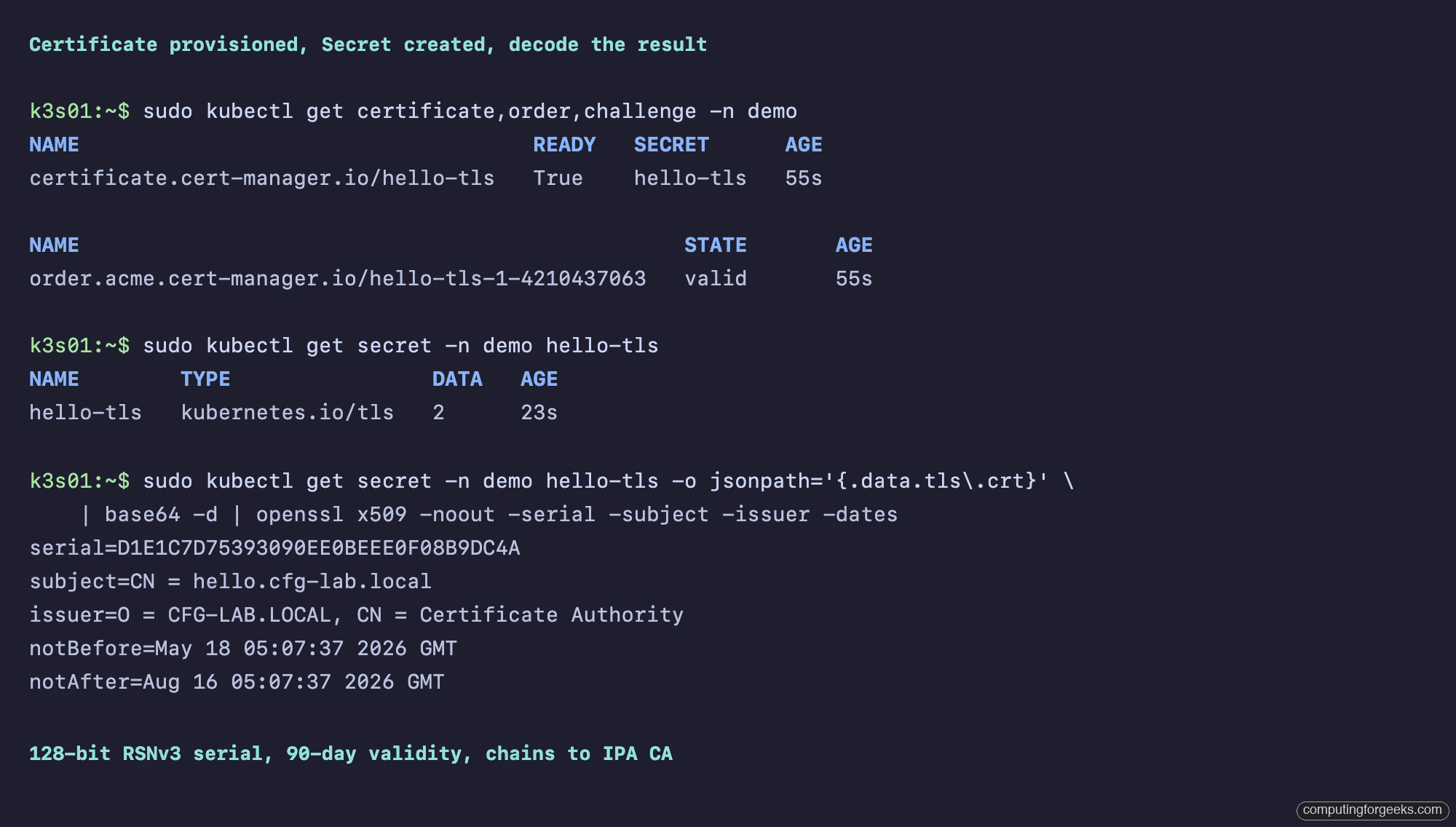 FreeIPA ACME + cert-manager for Kubernetes Workloads 4 Certificate Ready True hello-tls Secret created with decoded 128-bit serial