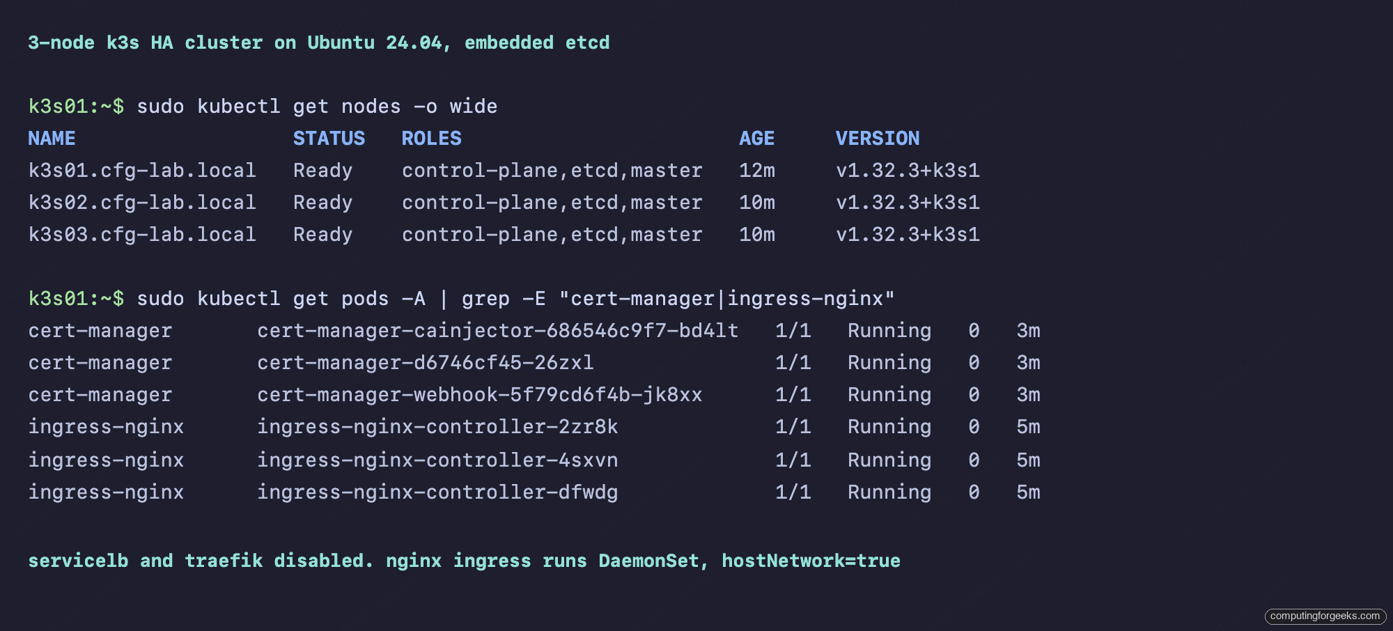 FreeIPA ACME + cert-manager for Kubernetes Workloads 1 3-node k3s HA cluster with cert-manager and nginx ingress pods all Running