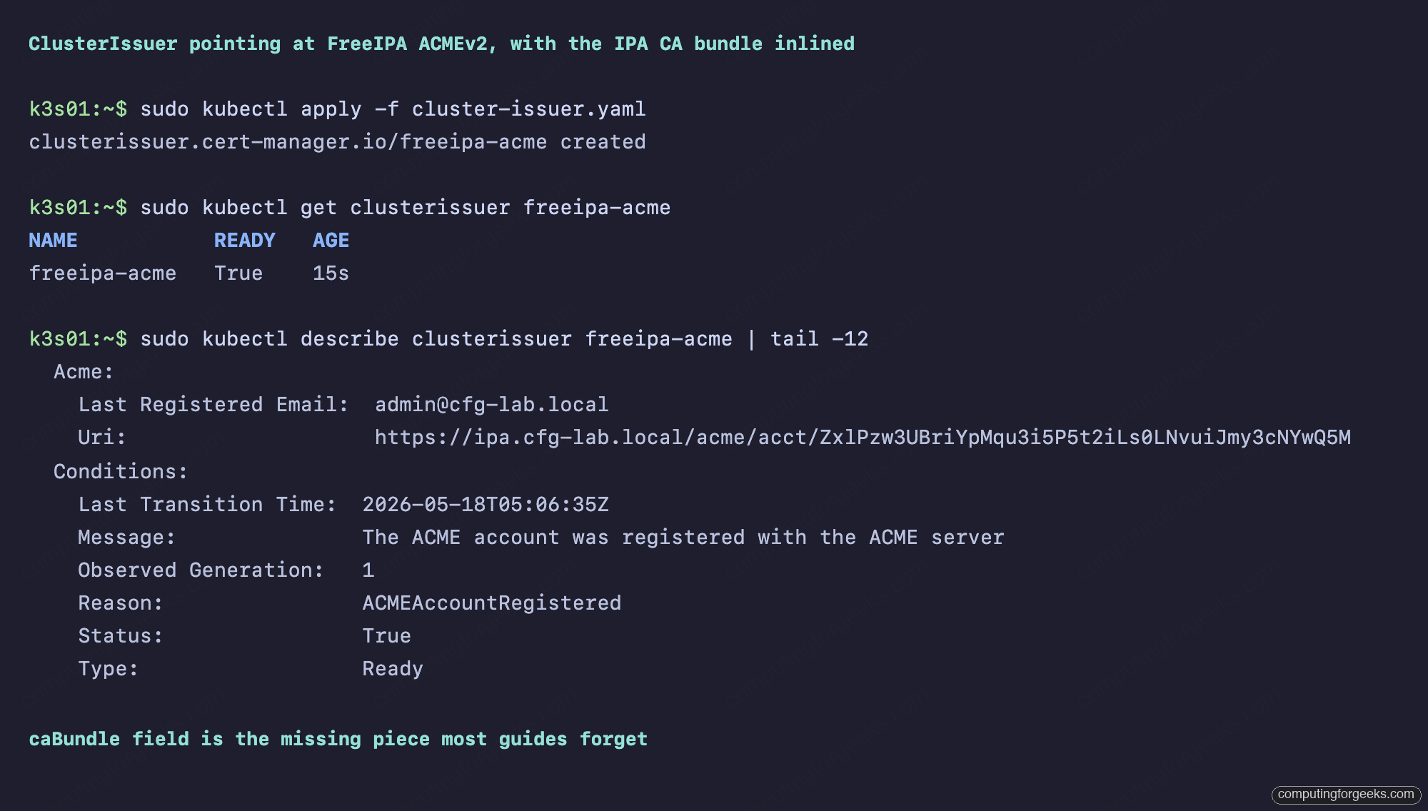 FreeIPA ACME + cert-manager for Kubernetes Workloads 2 ClusterIssuer Ready True with ACMEAccountRegistered