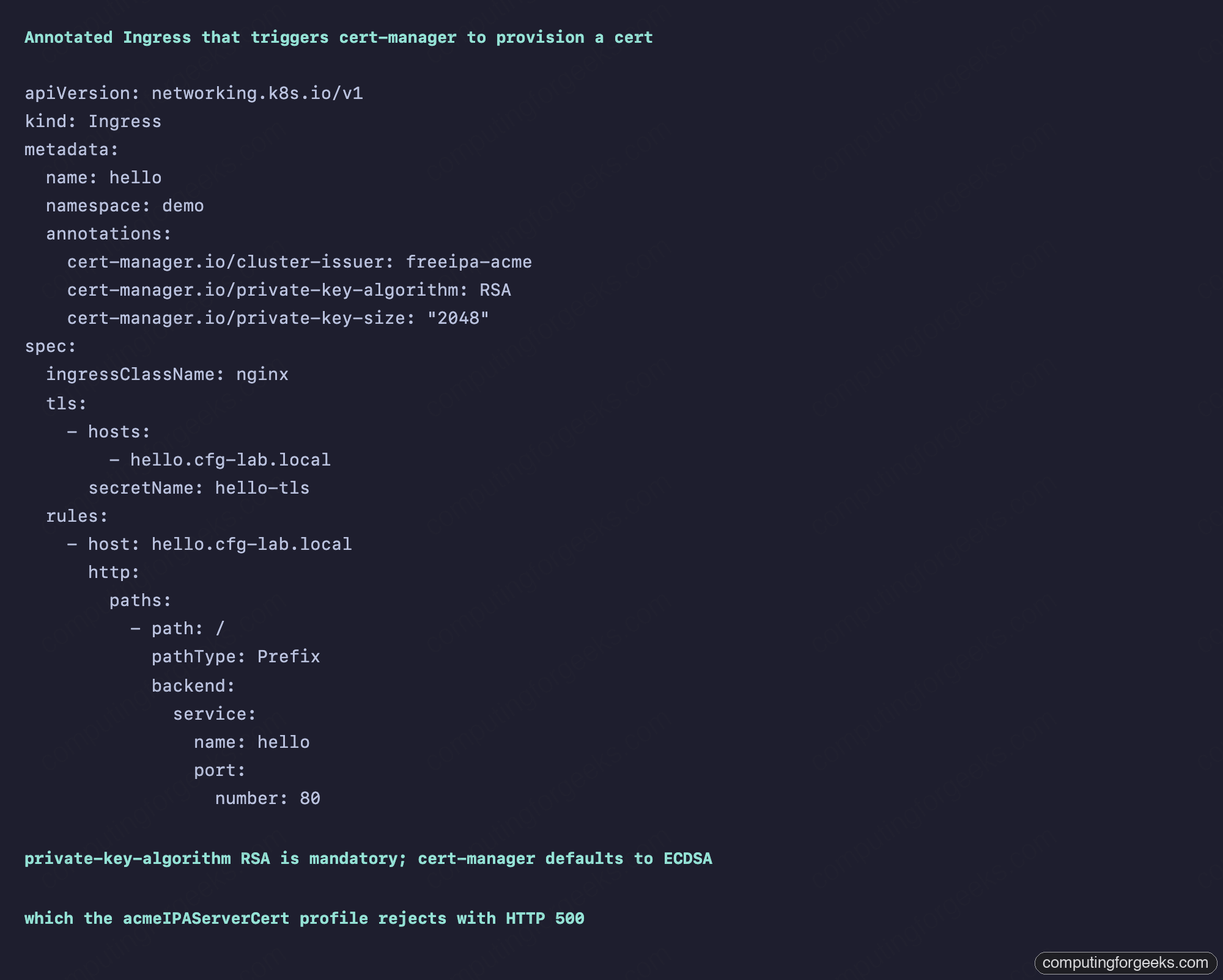 FreeIPA ACME + cert-manager for Kubernetes Workloads 3 Annotated Kubernetes Ingress YAML triggering cert-manager