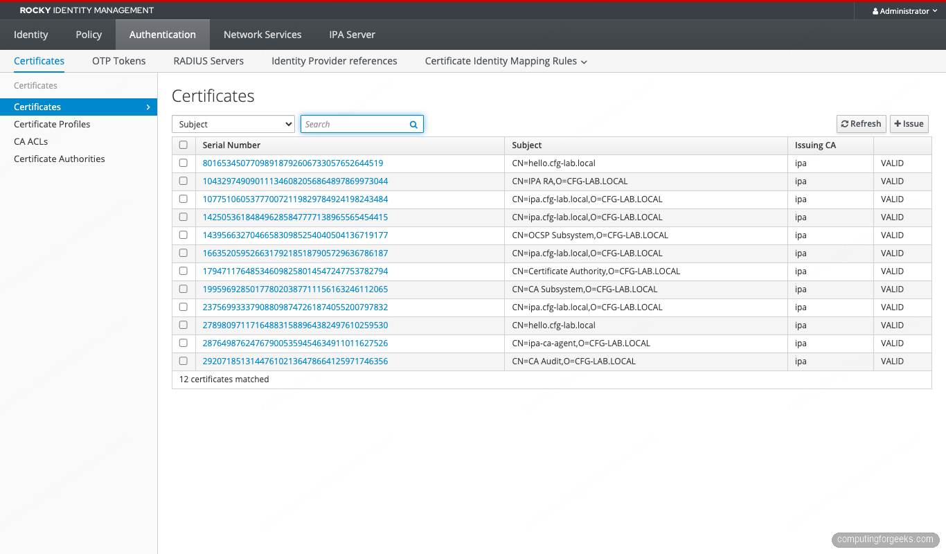 FreeIPA ACME + cert-manager for Kubernetes Workloads 7 FreeIPA WebUI Certificates list with hello.cfg-lab.local cert-manager certs visible