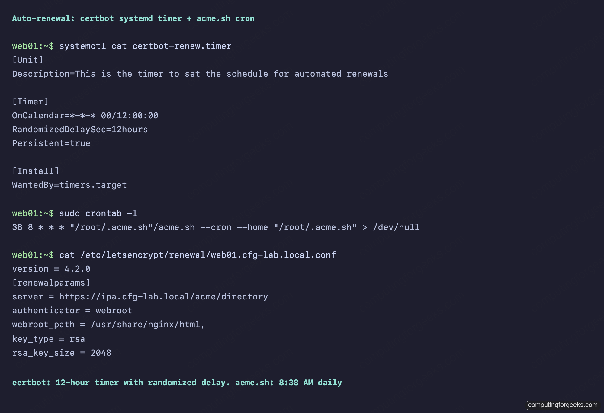 certbot systemd timer and acme.sh cron entry with renewal config