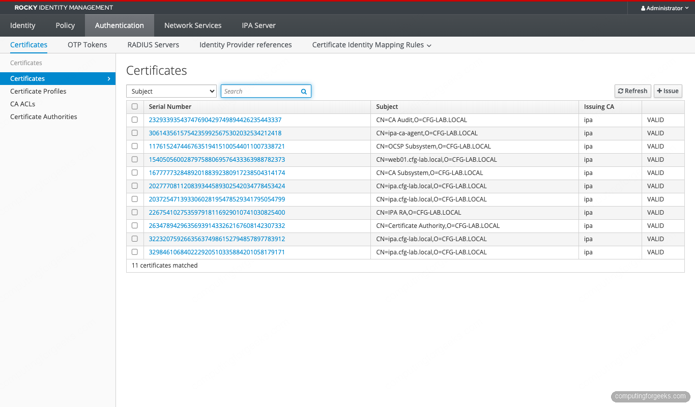 FreeIPA WebUI Certificates list showing random 128-bit serials