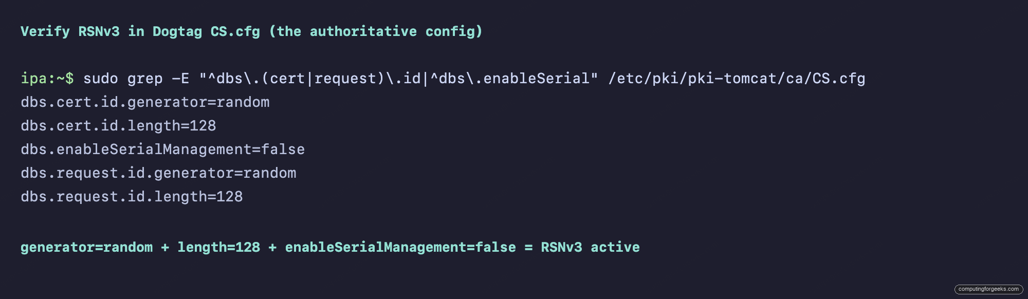 CS.cfg showing cert id generator random length 128