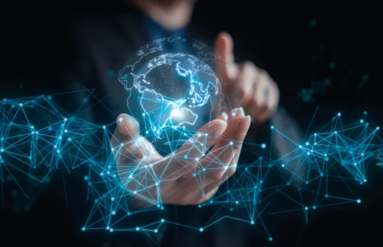 hands with digital globe