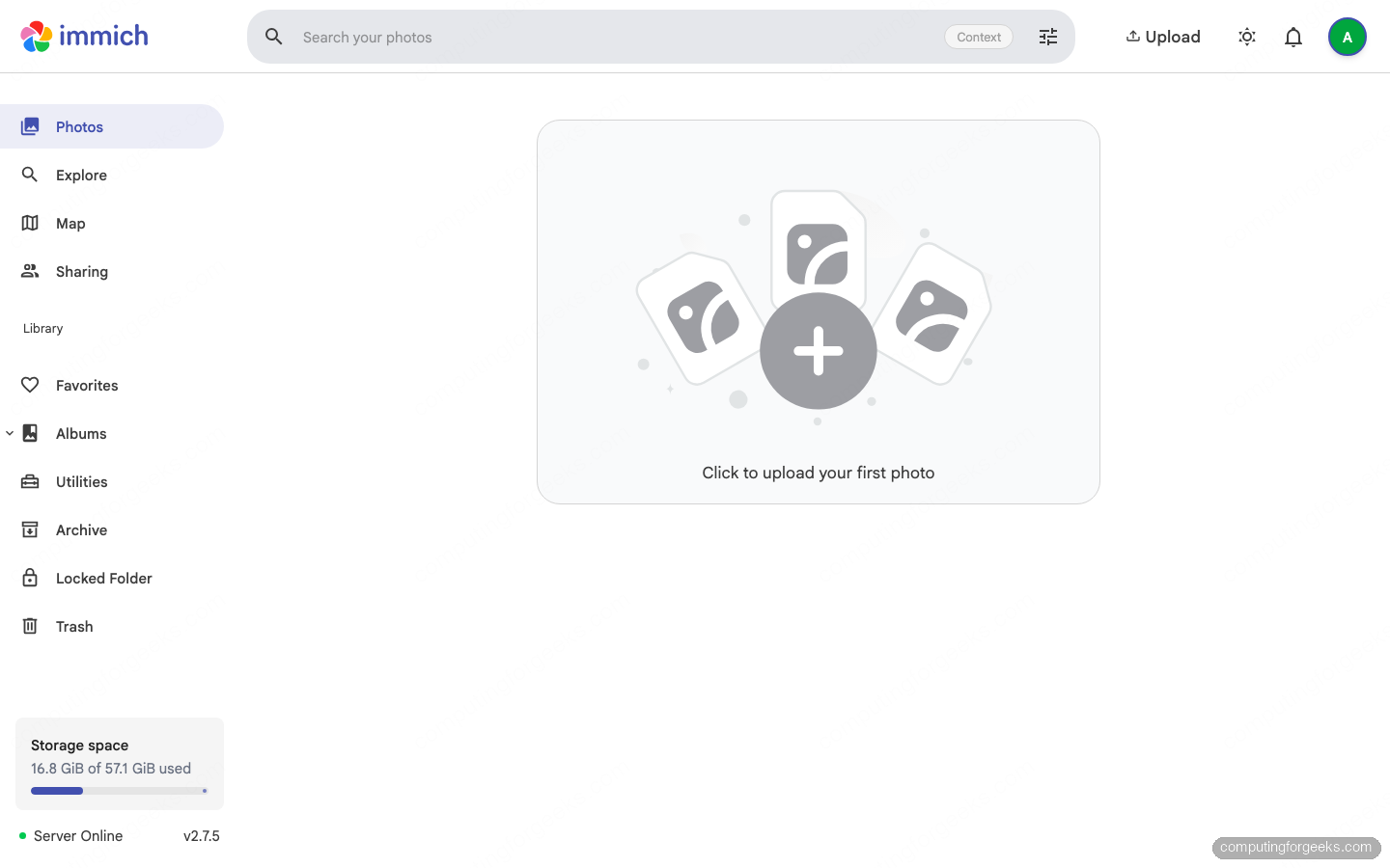 Cloudreve vs Nextcloud vs Seafile vs FileBrowser vs Immich (2026) 6 Immich v2.7.5 Photos timeline showing empty state with Click to upload your first photo, sidebar with Photos, Explore, Map, Sharing, Albums, Utilities, Archive, Locked Folder, Trash, plus storage widget and Server Online indicator