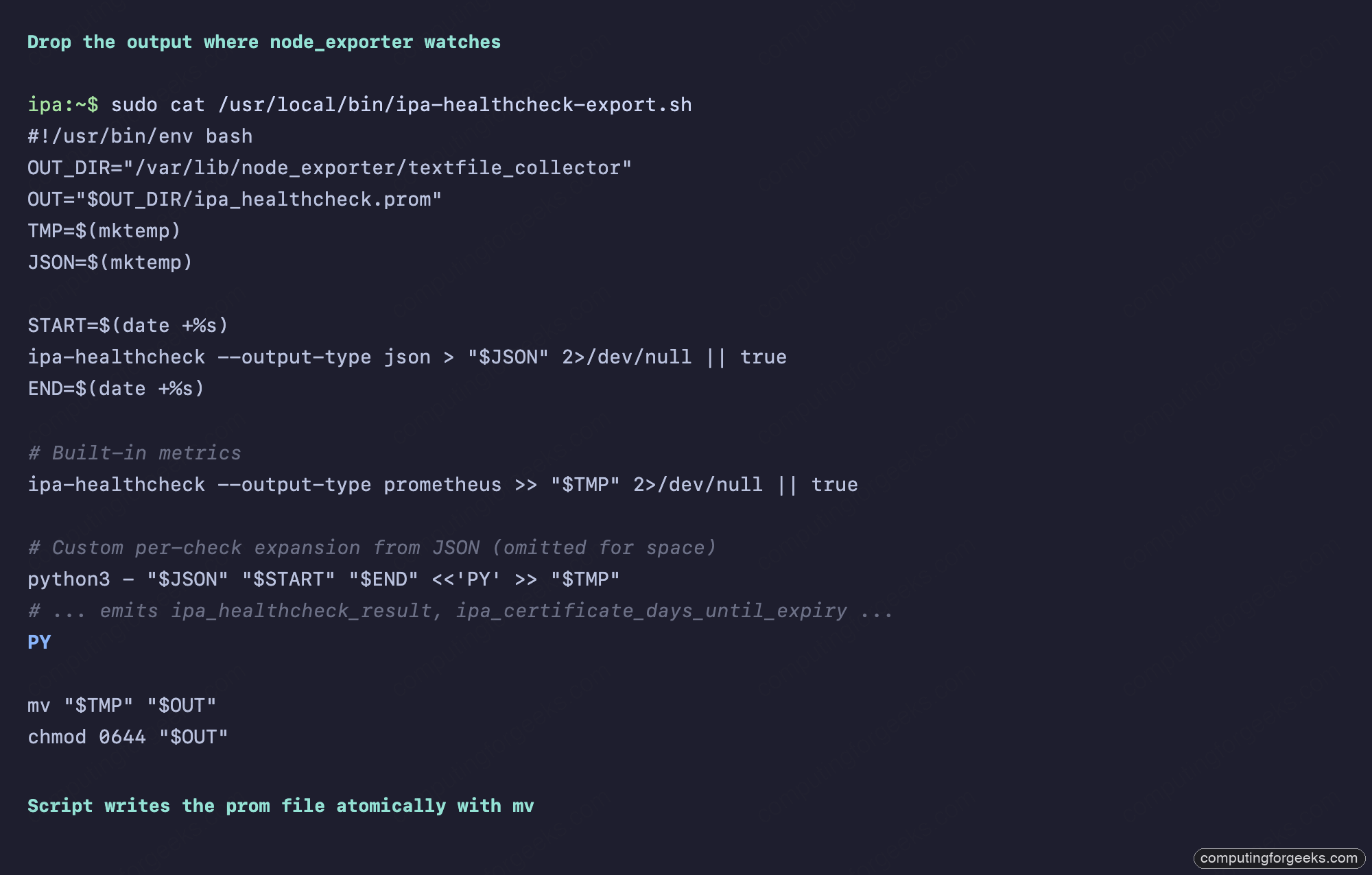 The ipa-healthcheck-export.sh shell script that bridges ipa-healthcheck to node_exporter