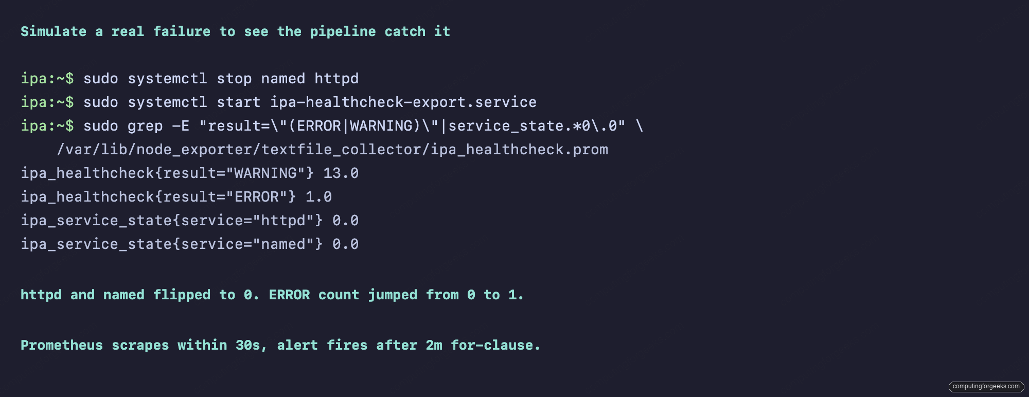 Terminal output showing named and httpd flipped to 0 in textfile metrics