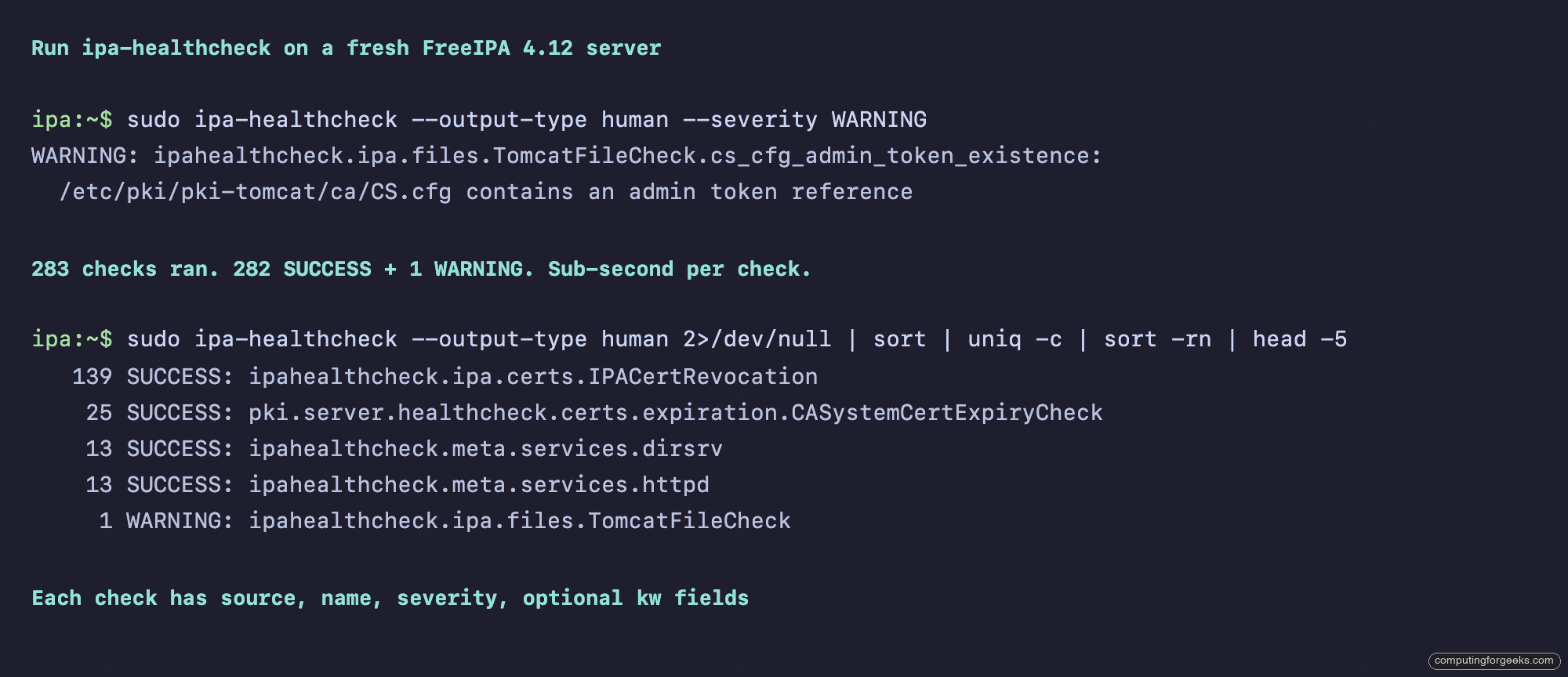 ipa-healthcheck output on a fresh FreeIPA 4.12 server showing 282 SUCCESS and 1 WARNING