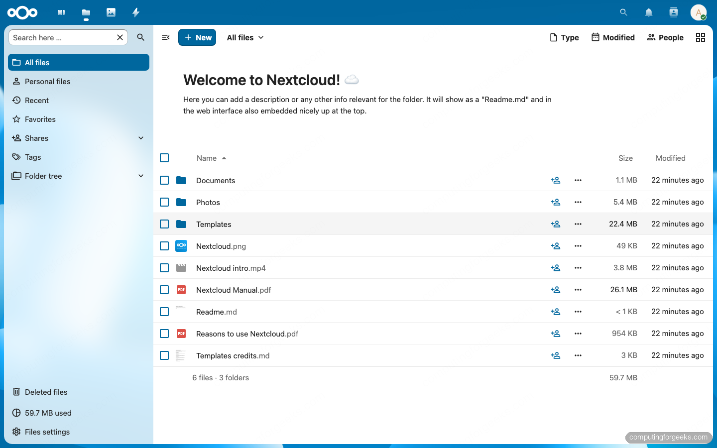 Cloudreve vs Nextcloud vs Seafile vs FileBrowser vs Immich (2026) 3 Nextcloud Hub 33 Files app with All files, Personal files, Recent, Favorites, Shares, Tags, Folder tree sidebar and 12 sample files visible