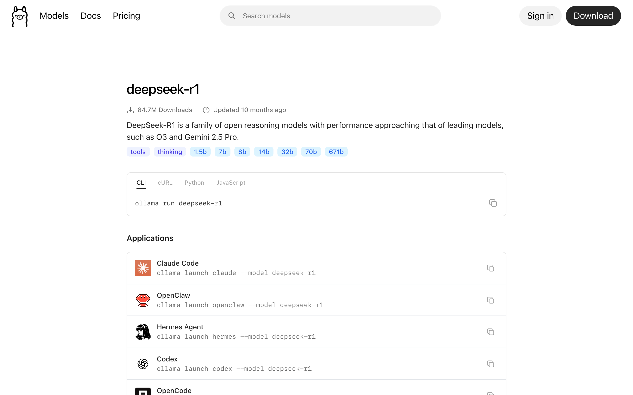 ollama.com/library/deepseek-r1 page showing the available size tags from 1.5b through 671b