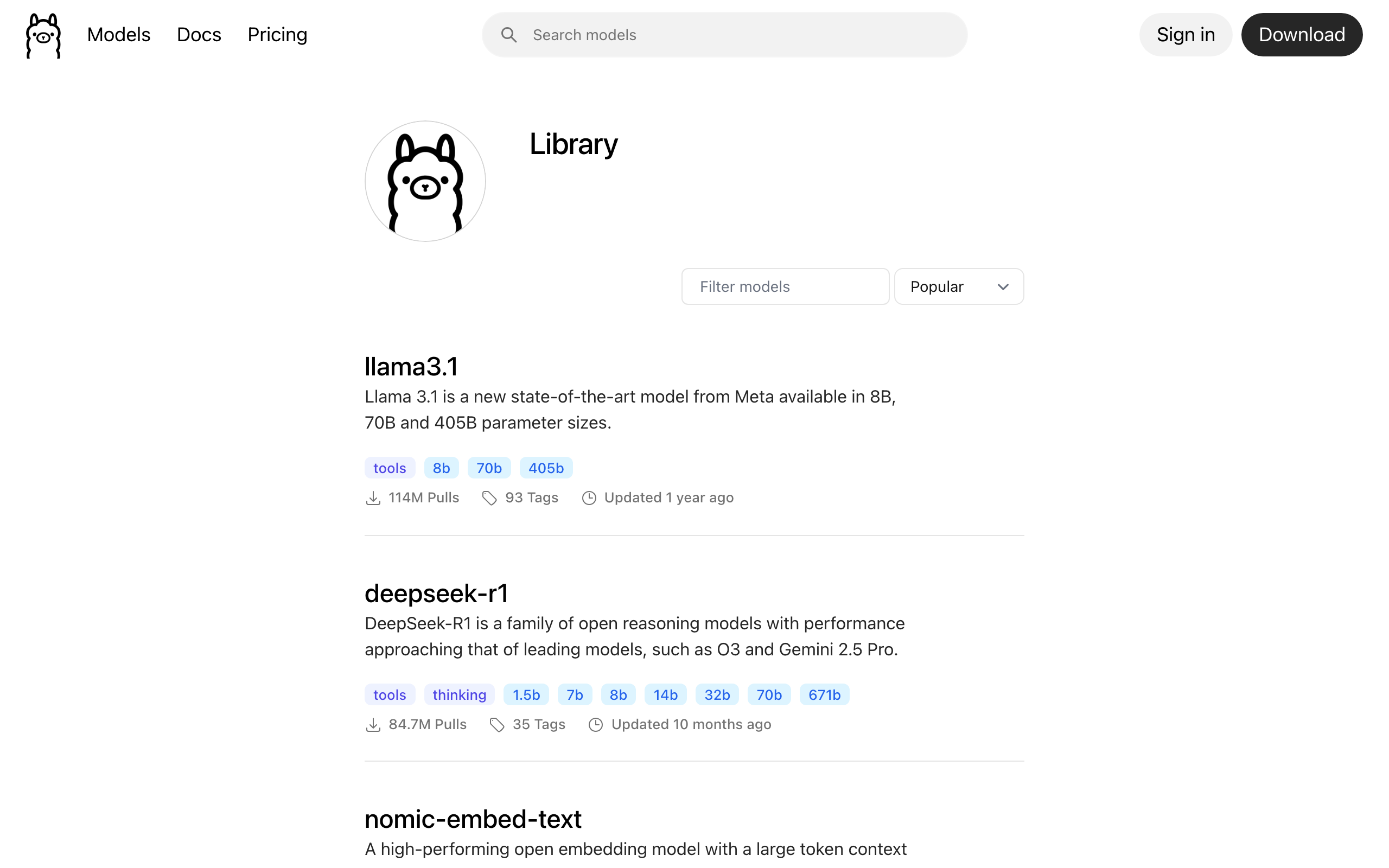 ollama.com/library showing top models by pulls (llama3.1, deepseek-r1, nomic-embed-text)