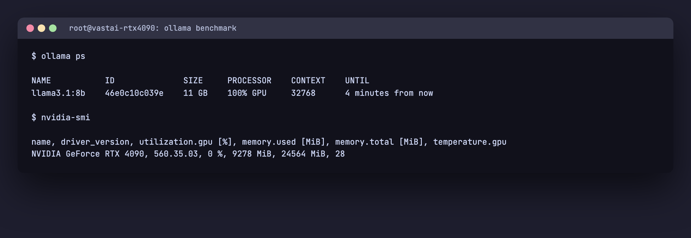 ollama ps showing llama3.1:8b loaded on GPU at 100 percent and nvidia-smi confirming 9.2 GB VRAM in use on RTX 4090