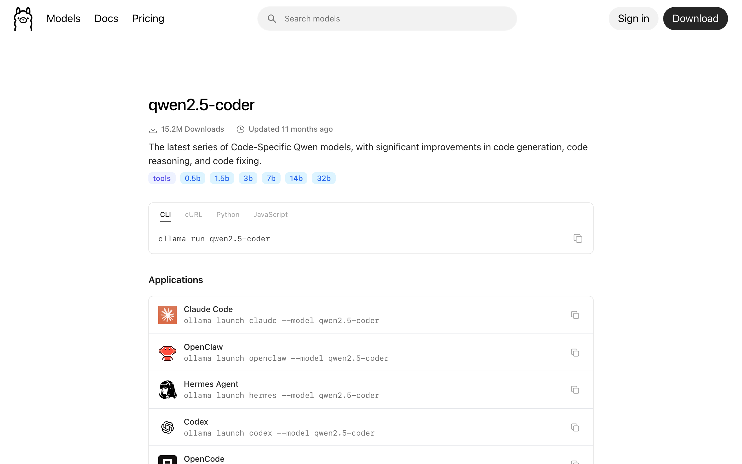 ollama.com/library/qwen2.5-coder page showing 0.5b, 1.5b, 3b, 7b, 14b, 32b tags