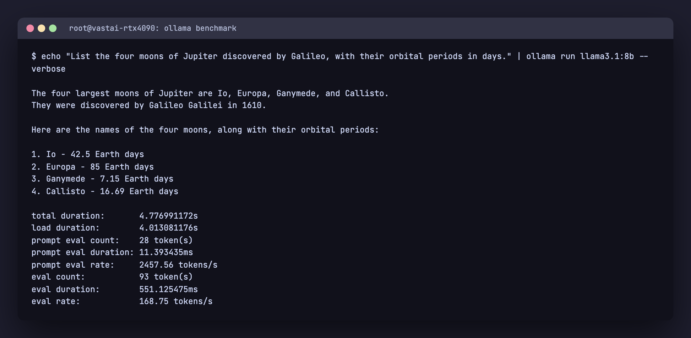 ollama run with the verbose flag showing total duration, prompt eval rate, and eval rate timing fields