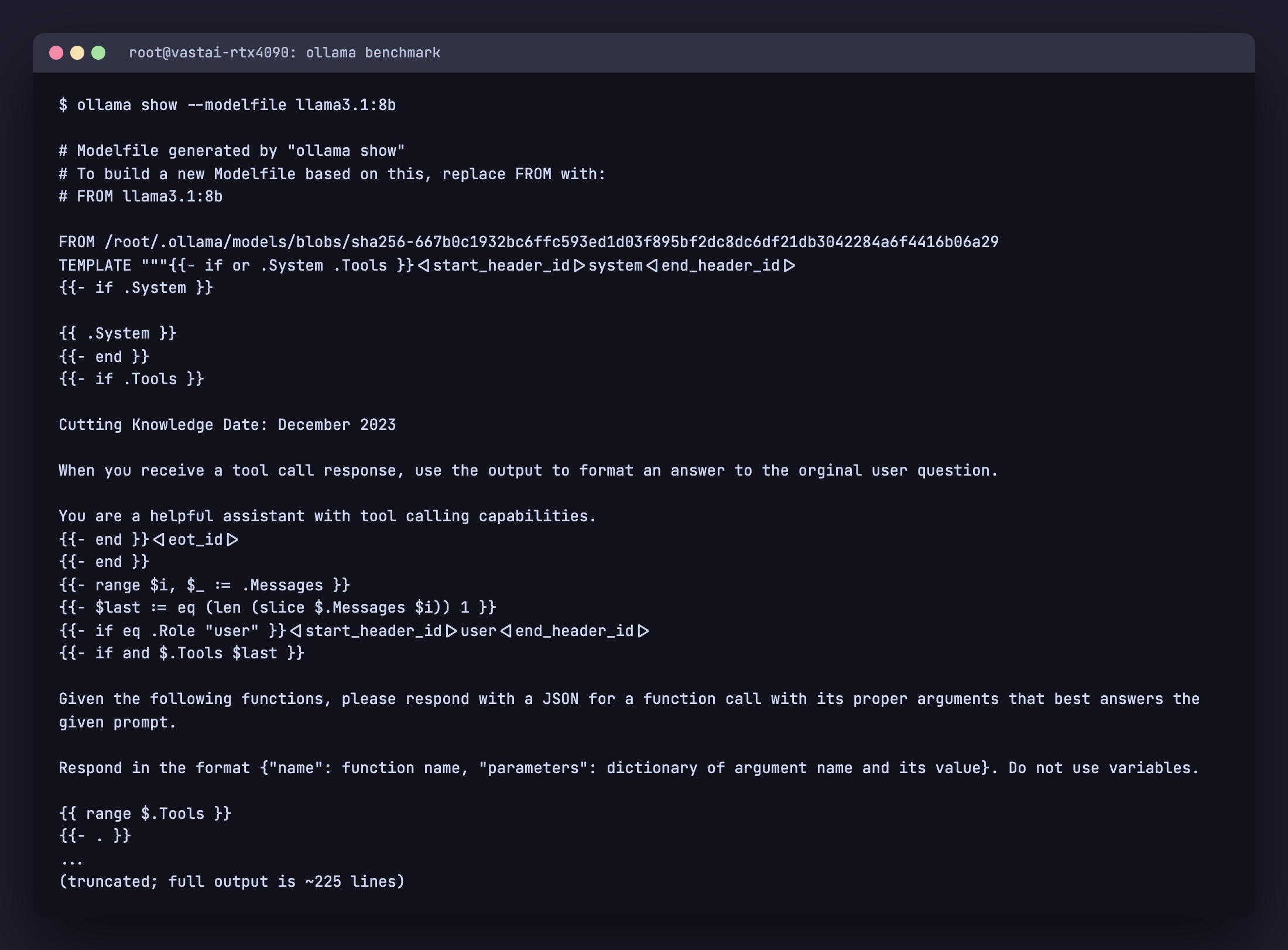 ollama show --modelfile llama3.1:8b output showing FROM blob path, TEMPLATE, PARAMETER, and LICENSE blocks