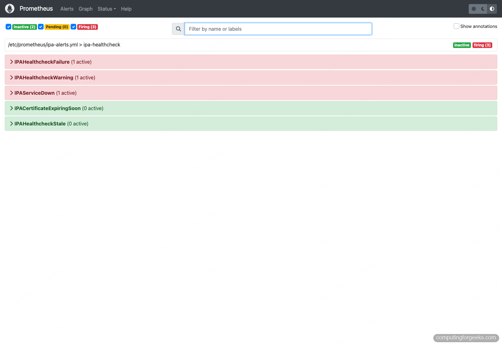 Prometheus alerts page with three IPA alerts firing red