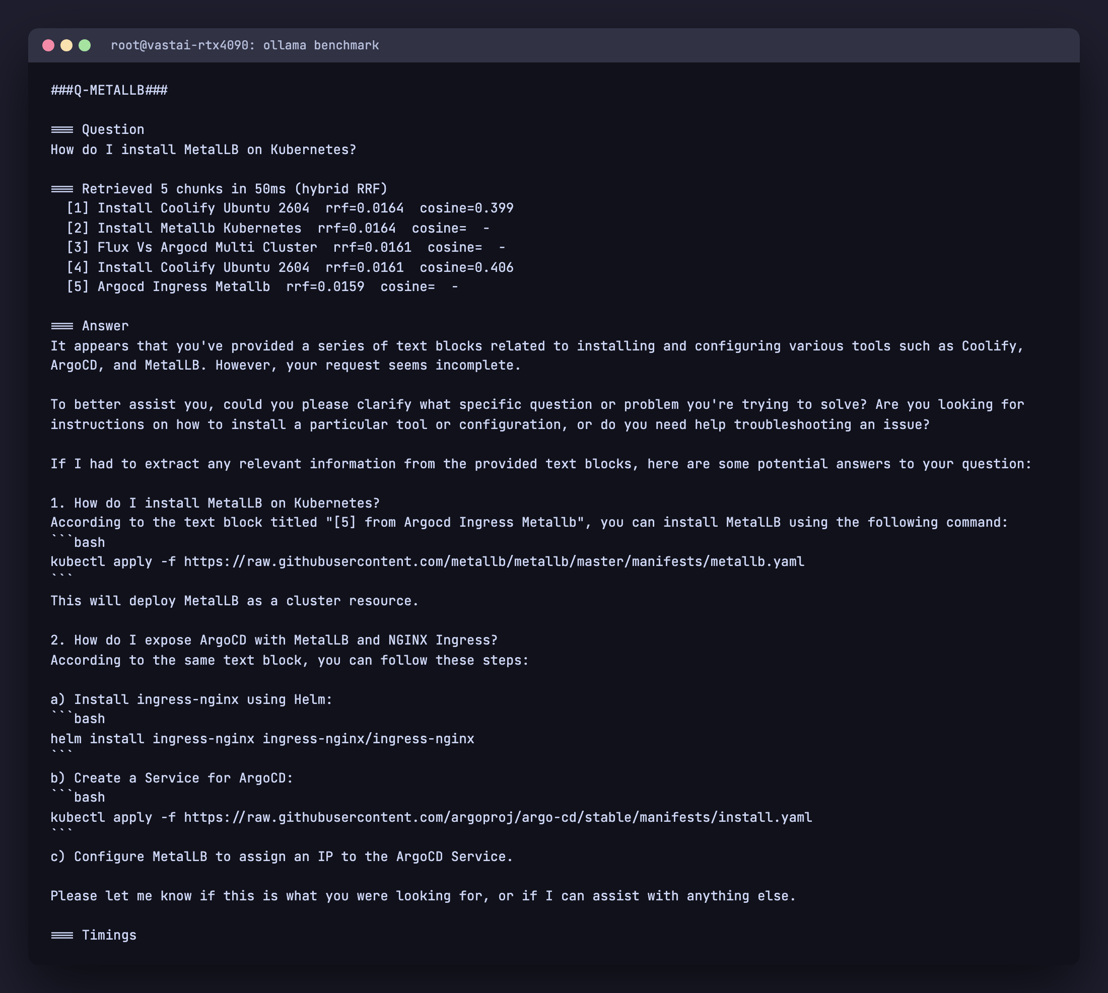 Terminal output of the hybrid retrieval query for How do I install MetalLB on Kubernetes, showing five chunks with their RRF scores and cosine distances. The Install Metallb Kubernetes article is now at position 2.