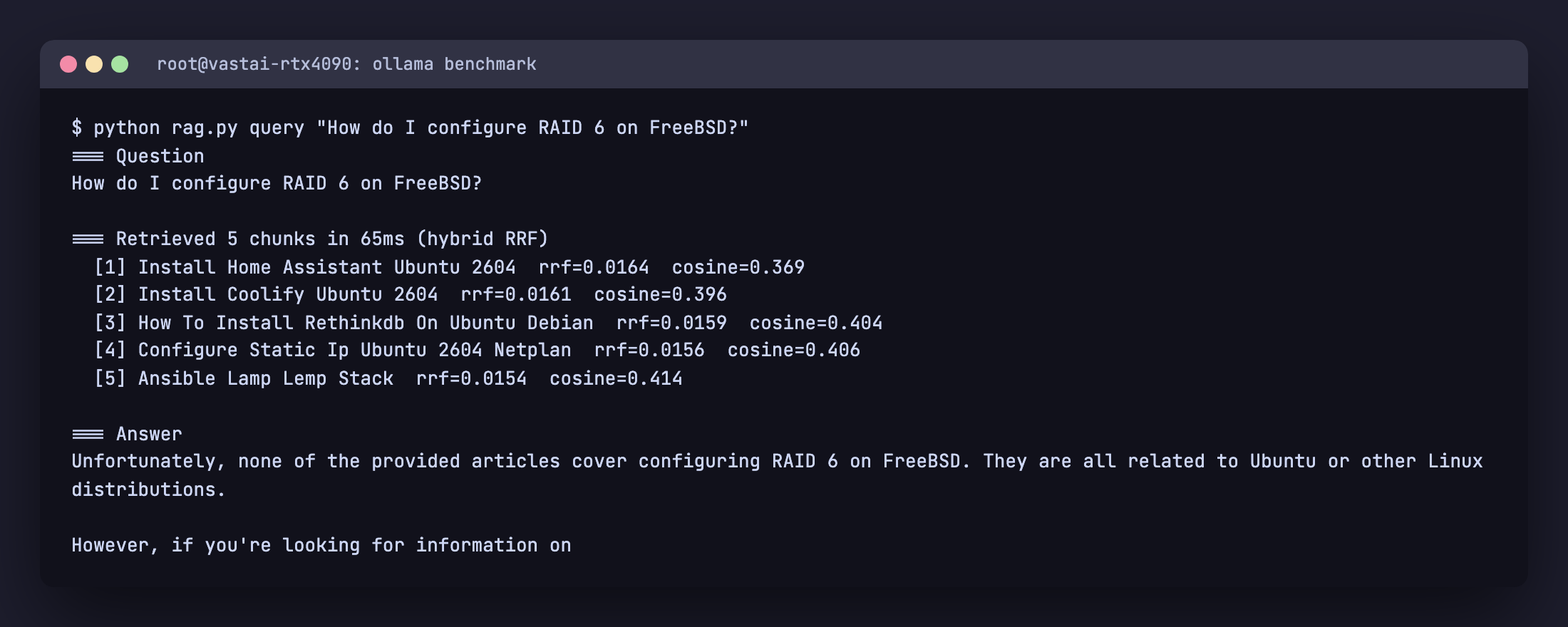 Terminal output of an off-corpus query about RAID 6 on FreeBSD. Five unrelated Ubuntu install chunks are retrieved, and the model refuses with a one-line answer that the provided articles do not cover the question.