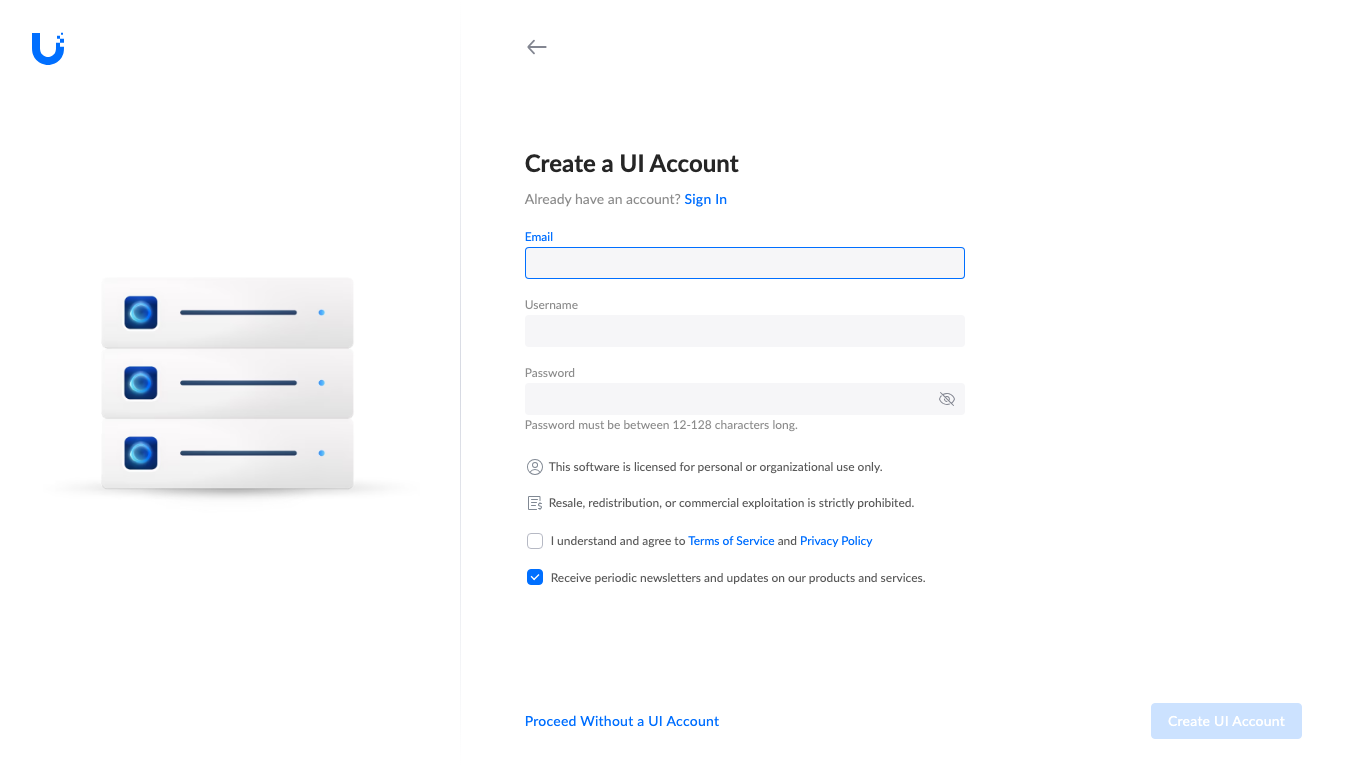 UniFi OS Server create UI account or sign in step