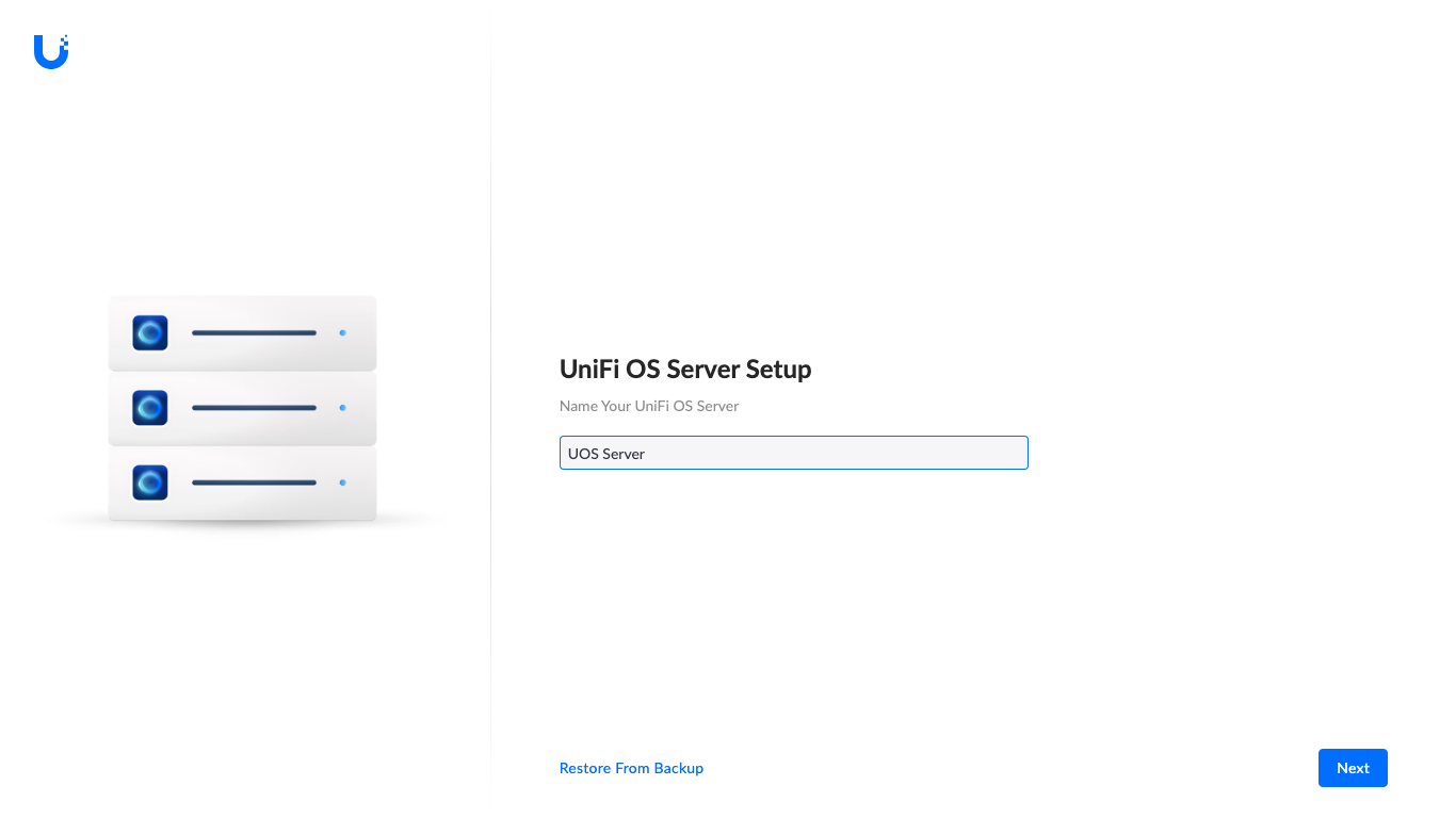 UniFi OS Server first-run wizard name server step