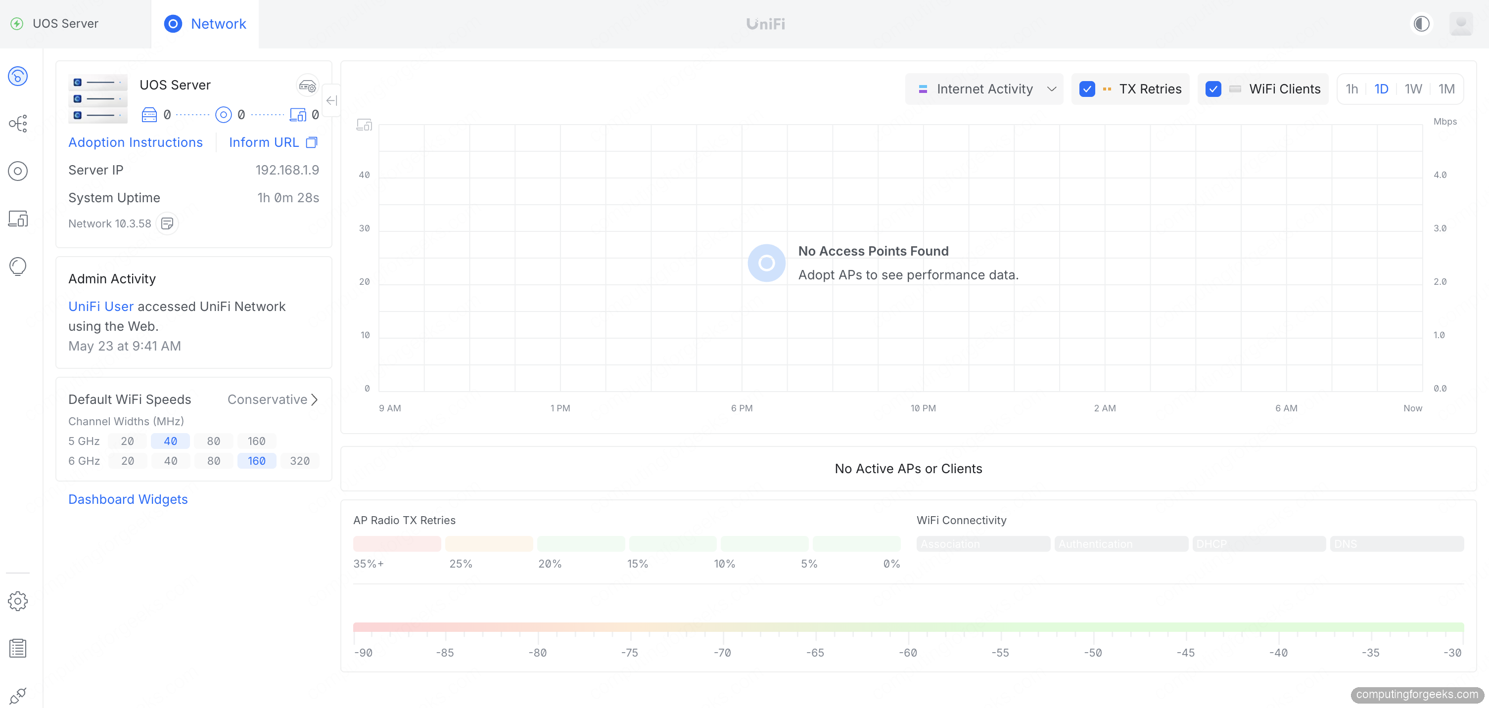 UniFi Network dashboard on UniFi OS Server running on Ubuntu 24.04