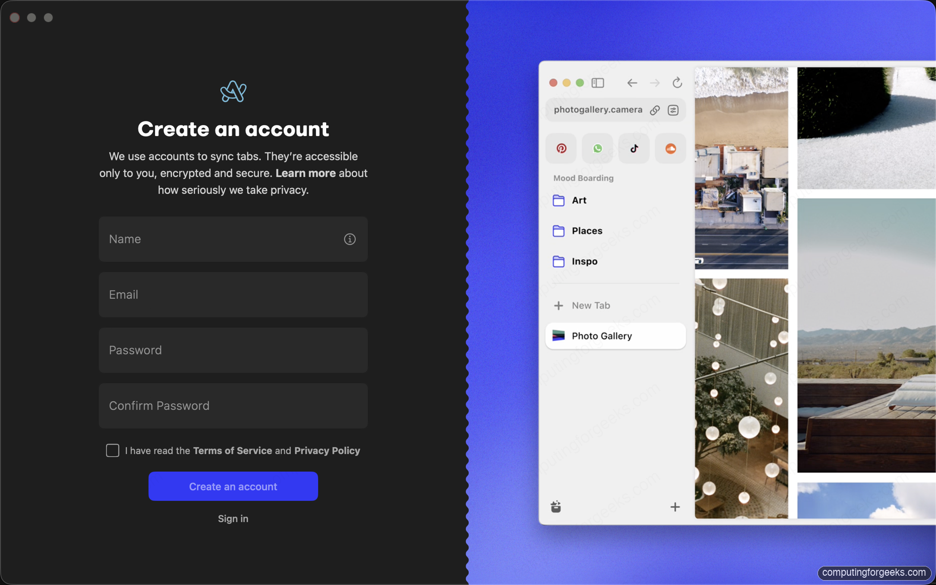 Arc Browser onboarding showing a blue Space with a Photo Gallery folder for Mood Boarding and a grid of photo thumbnails in the content area
