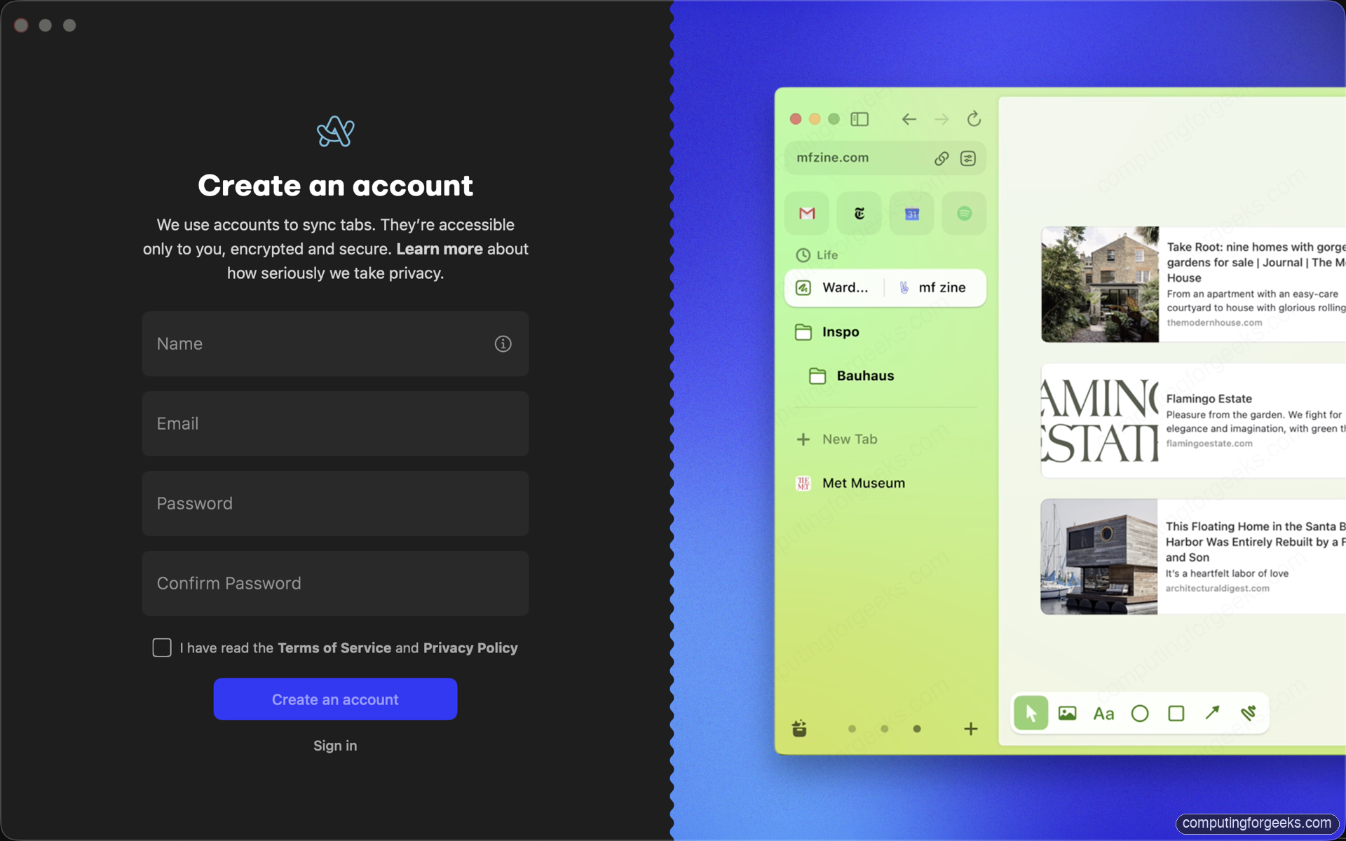 Arc Browser onboarding showing Create an account form and a green Space sidebar with pinned tabs for Inspo and Bauhaus moodboard
