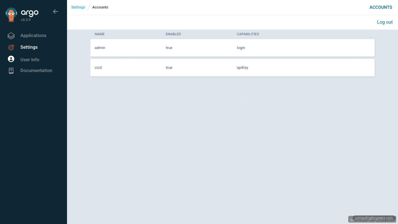 ArgoCD Settings Accounts page showing admin login and cicd apiKey capabilities