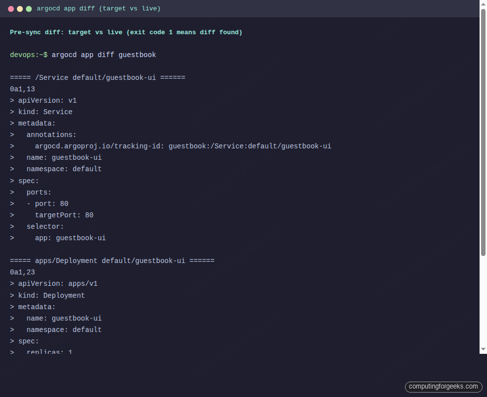 argocd app diff Guestbook output showing Service and Deployment manifests to be applied