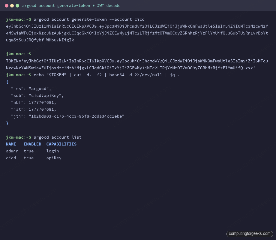 Terminal output of argocd account generate-token and the decoded JWT payload