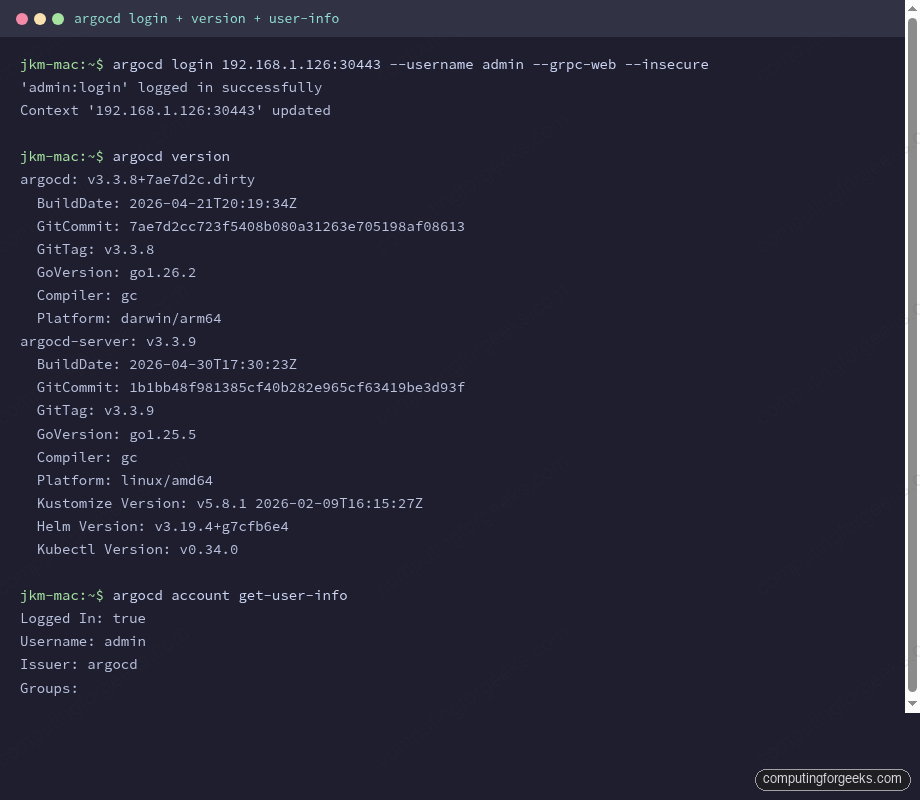 Terminal output showing argocd login, argocd version, and argocd account get-user-info