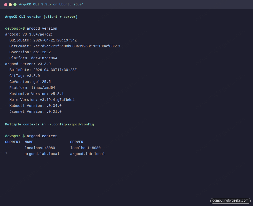 ArgoCD CLI version output showing client v3.3.8 and server v3.3.9 with multiple contexts