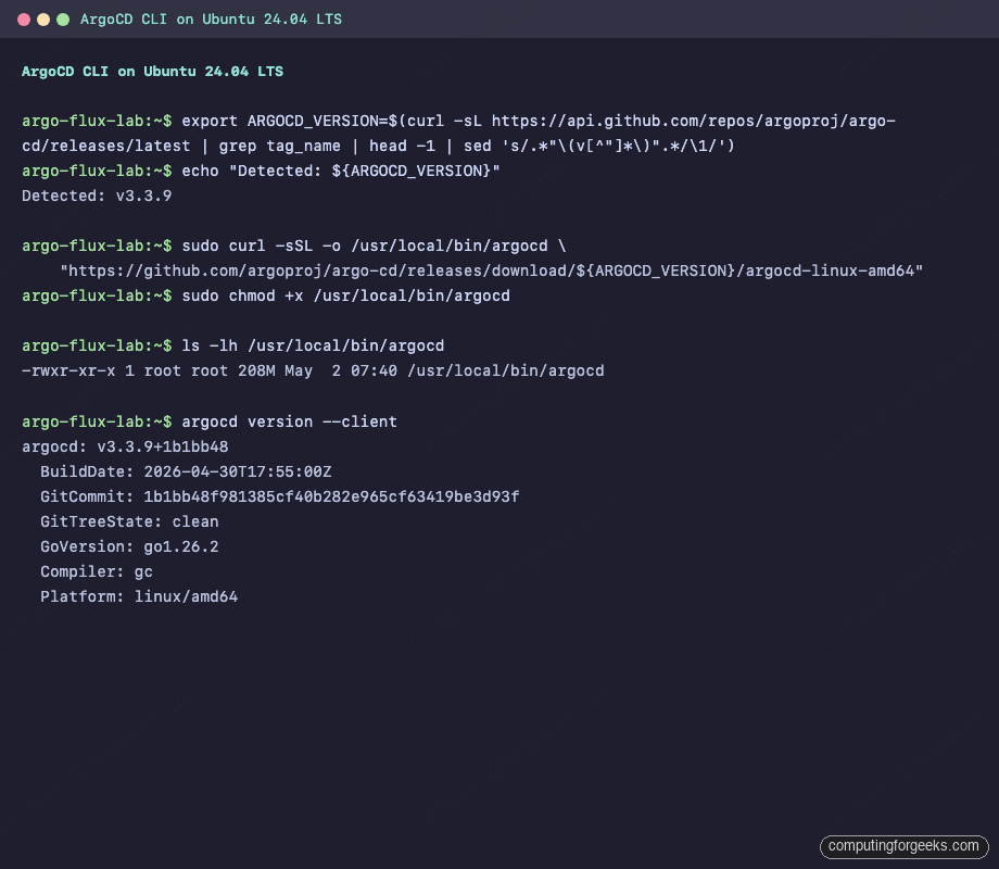 argocd version client output on Ubuntu 24.04 after curl install from GitHub releases