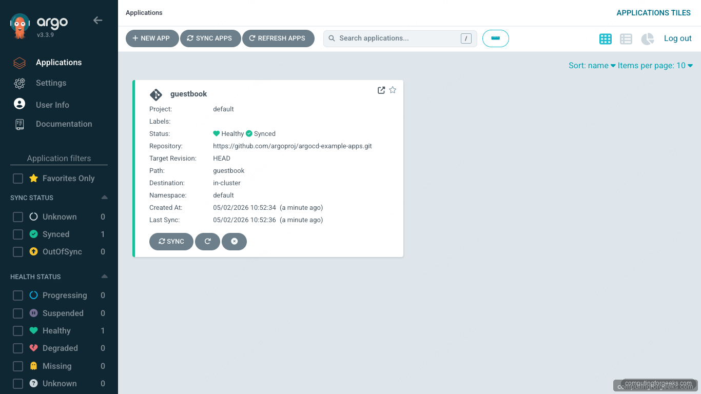 ArgoCD dashboard with guestbook application showing Synced and Healthy status