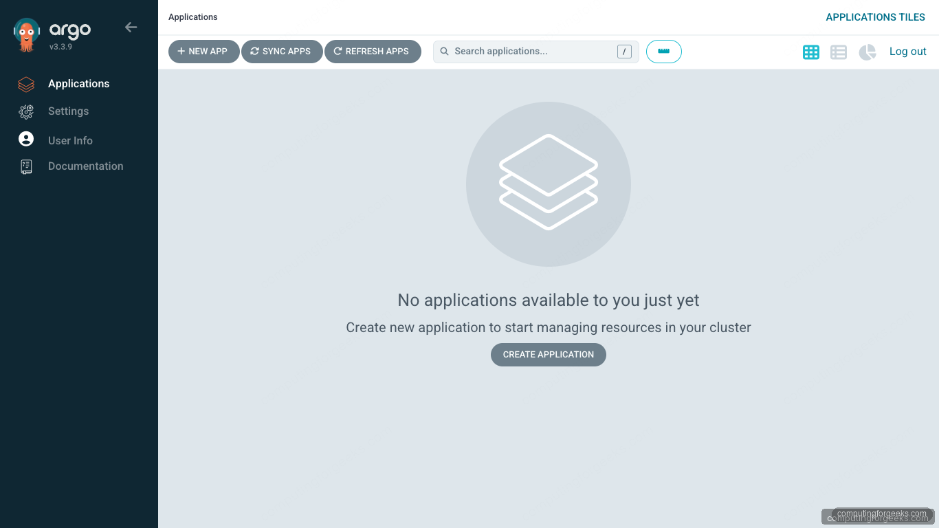 ArgoCD dashboard immediately after first admin login showing no applications
