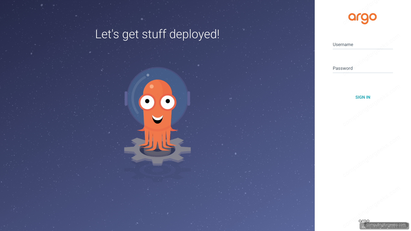 ArgoCD login page in browser with username and password fields