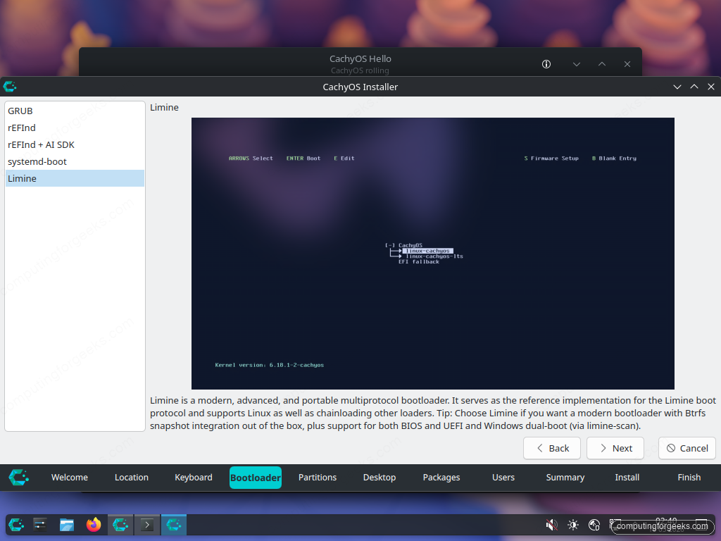 Calamares Bootloader step listing GRUB, rEFInd, systemd-boot and Limine options with descriptions
