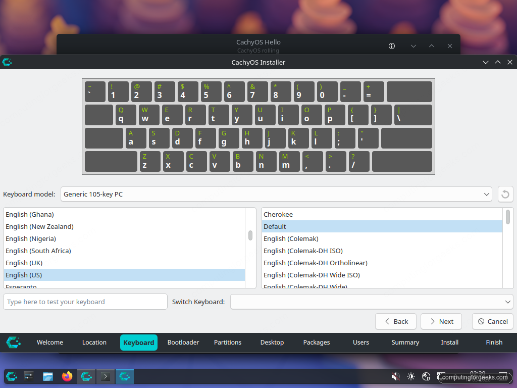 Calamares Keyboard step on CachyOS with Generic 105-key PC model and English US layout selected