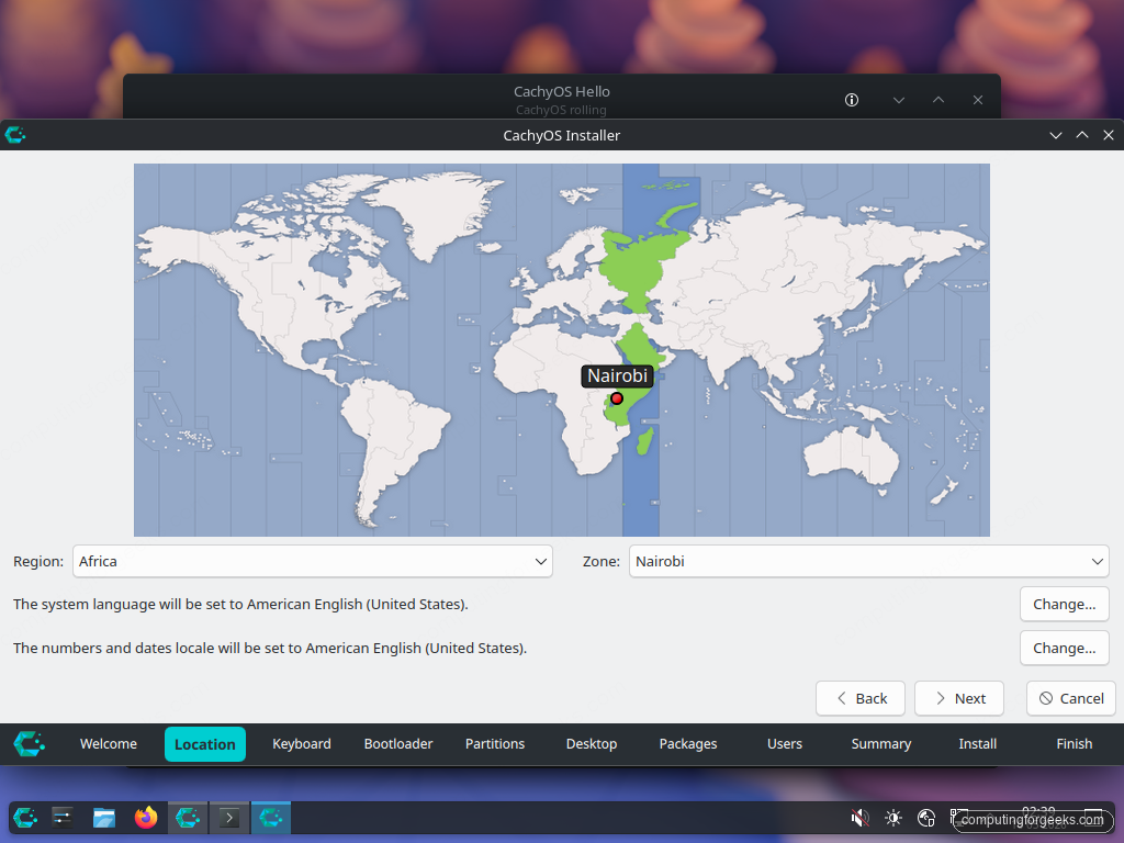 Calamares Location step showing Africa region and Nairobi zone selected on the world map