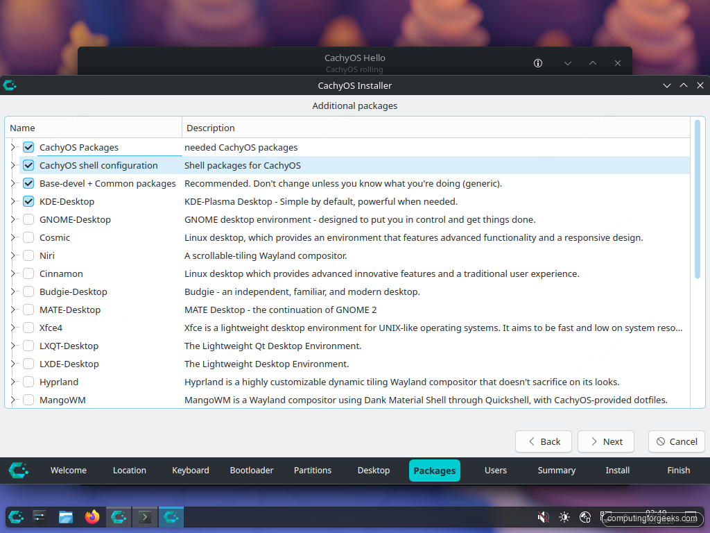 Calamares Packages step showing CachyOS optional package groups including CachyOS Packages, KDE Plasma, GNOME, Base Devel and others