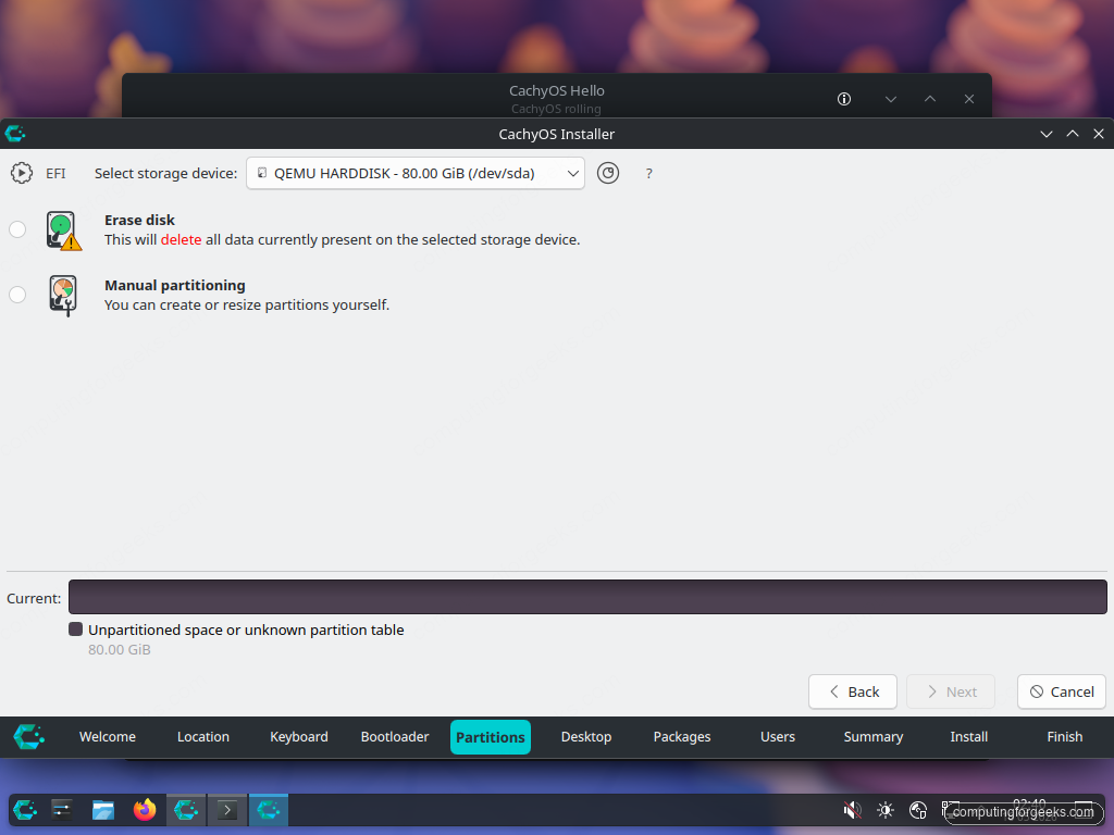 Calamares Partitions step showing Erase disk and Manual partitioning options for a QEMU HARDDISK 80 GB device
