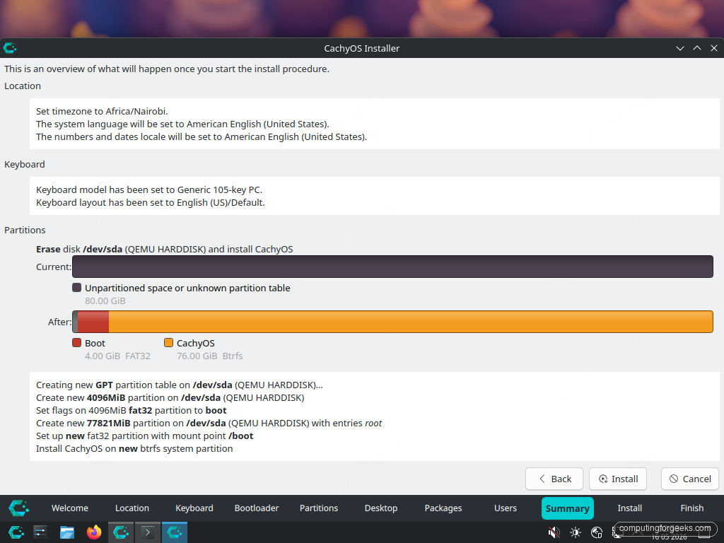 Calamares Summary step showing planned CachyOS install: Africa/Nairobi timezone, en_US locale, erase disk on /dev/sda with FAT32 boot and Btrfs root