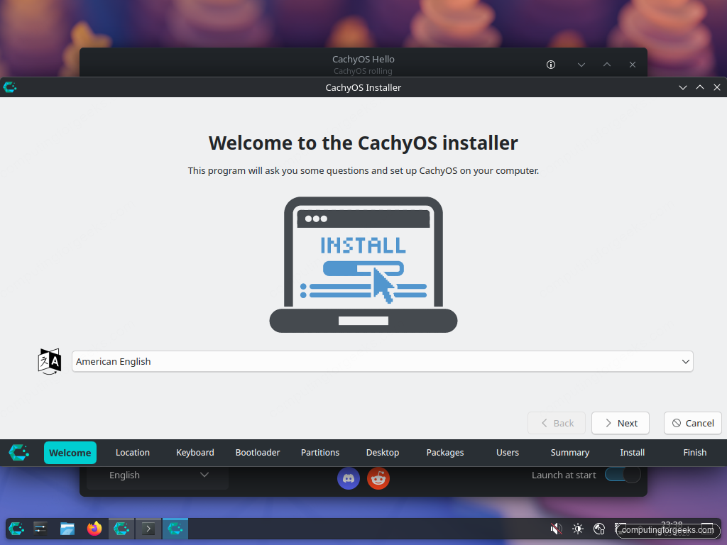 Calamares Welcome screen on CachyOS installer with language picker and step navigation along the bottom