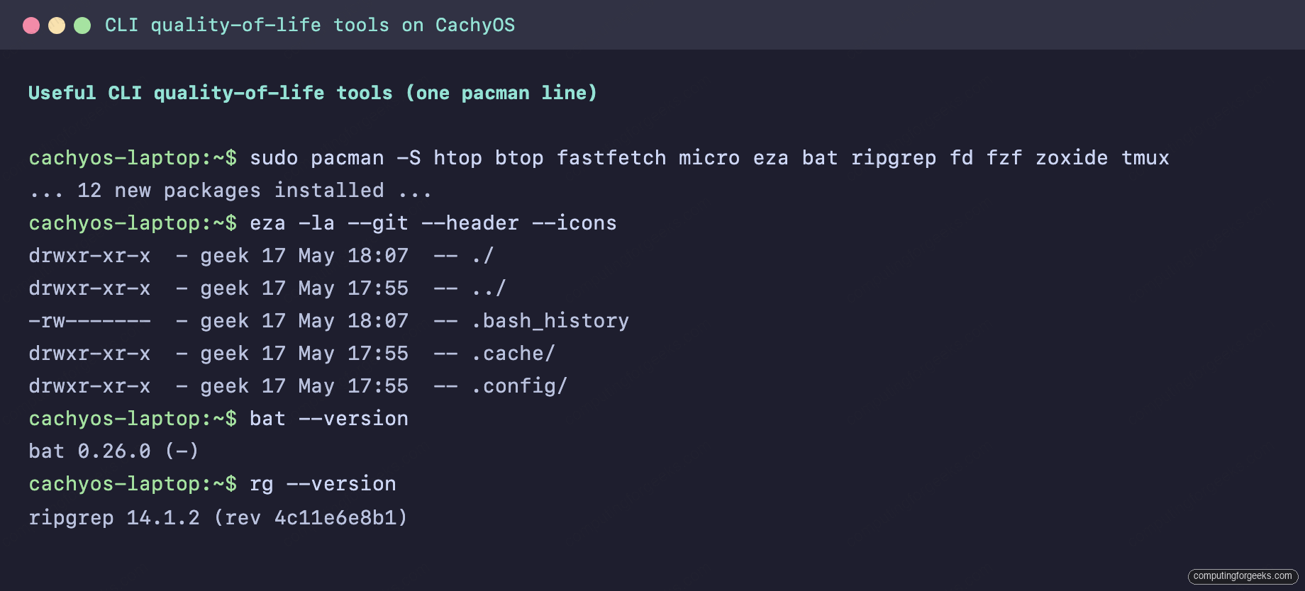 Terminal showing pacman -S of htop btop fastfetch micro eza bat ripgrep fd fzf zoxide tmux on CachyOS plus eza bat ripgrep version output