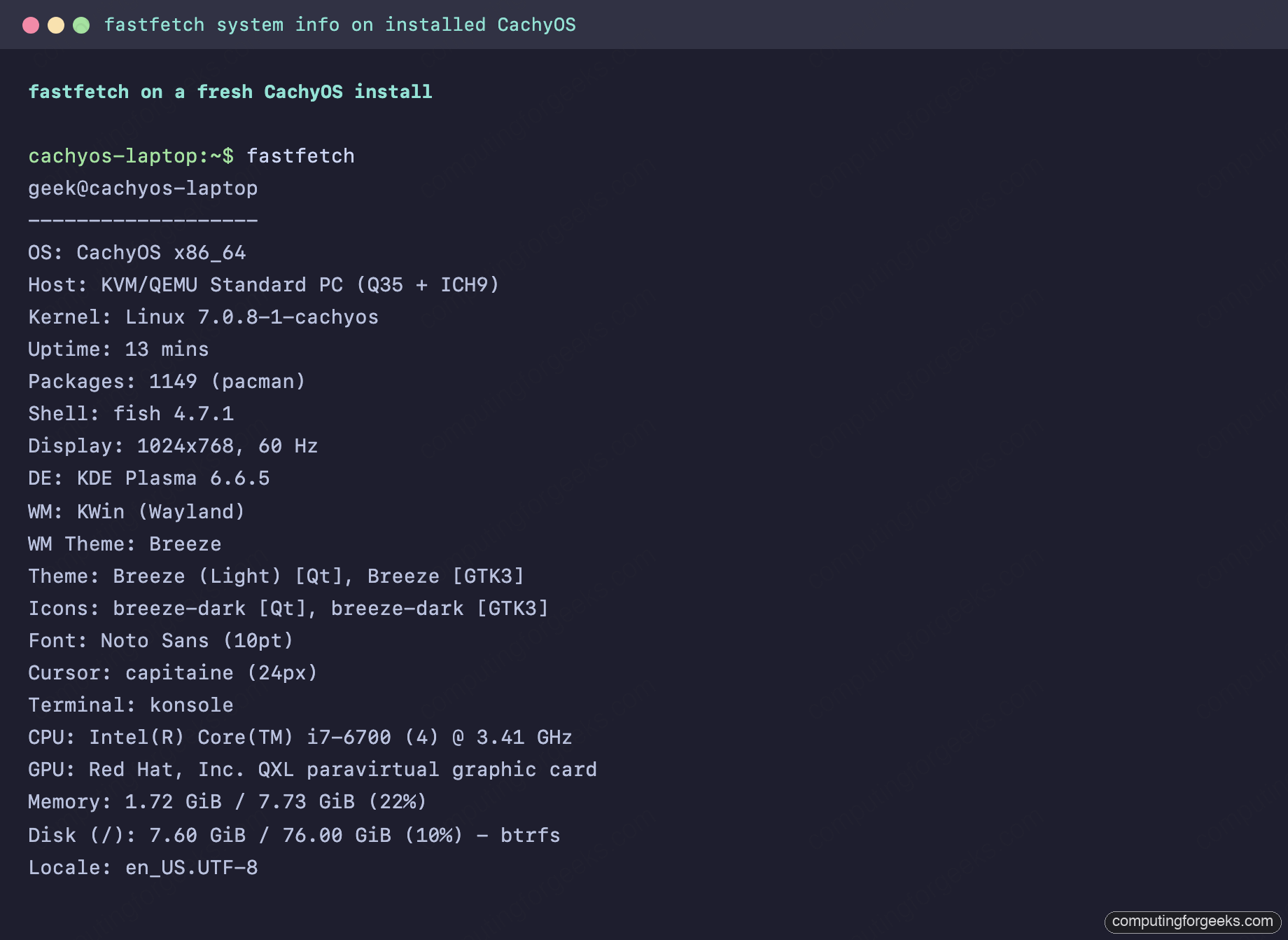 fastfetch output on CachyOS showing the CachyOS logo, kernel 7.0.8-1-cachyos, KDE Plasma 6, BTRFS, memory and uptime in a Konsole window