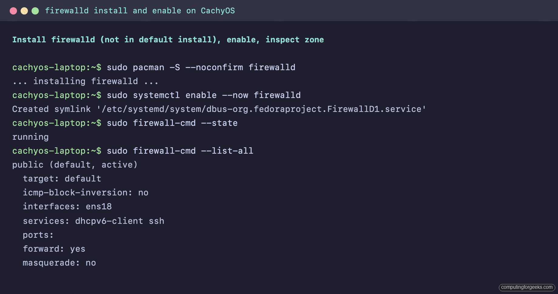 firewalld systemctl status and firewall-cmd state output on CachyOS showing the firewall enabled and the public zone active